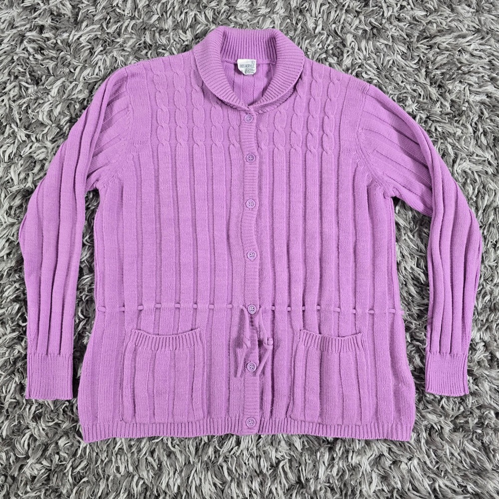 Vintage Purple Cable Knit Shawl Collar Button Front Cardigan Sweater Large
